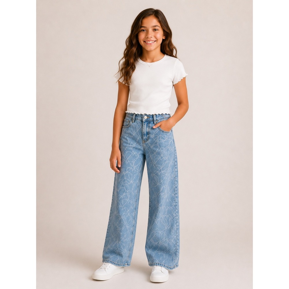 Justice Girls Size 12 Wide Leg Jeans Light Wash Heart Peace Sign Print Cotton